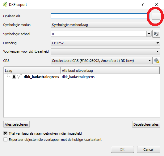 Skjermbilde for QGIS DXF-eksport